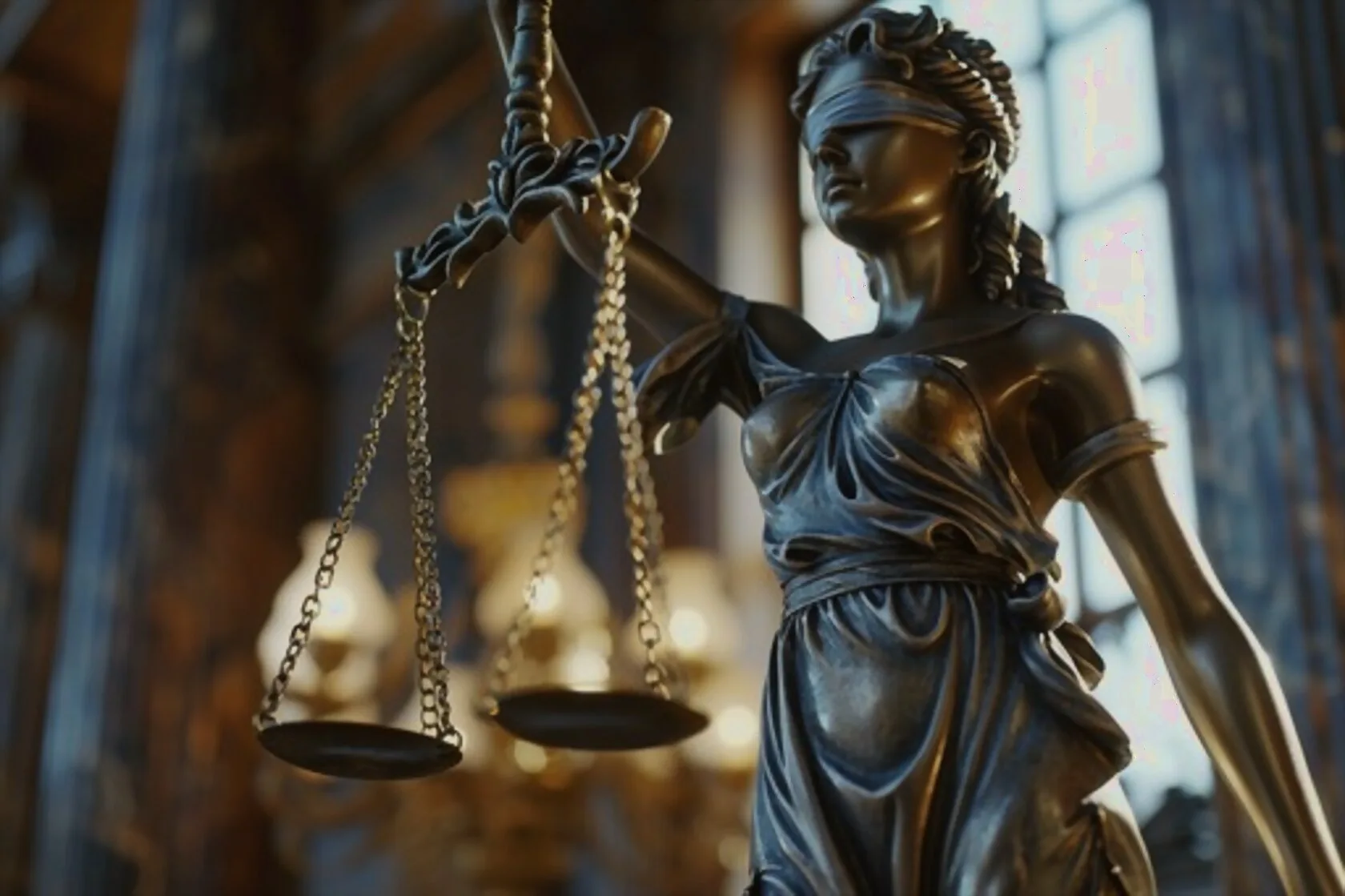 Bronze statue of Lady Justice holding the scales of balance in a classical hall